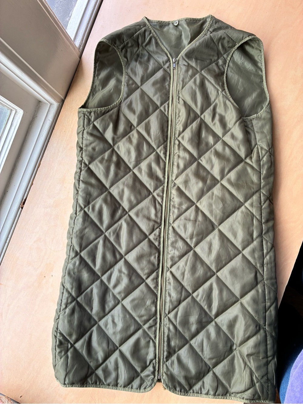 Long zippered coat liner Quilted Sleeveless Vest in Olive Green